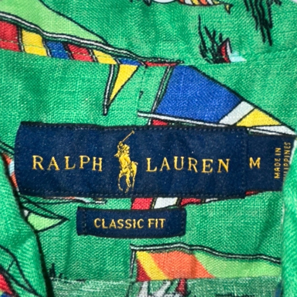 Polo Ralph Lauren Mens Green Linen Sailboat Print Shirt Classic Fit M - Picture 5 of 9
